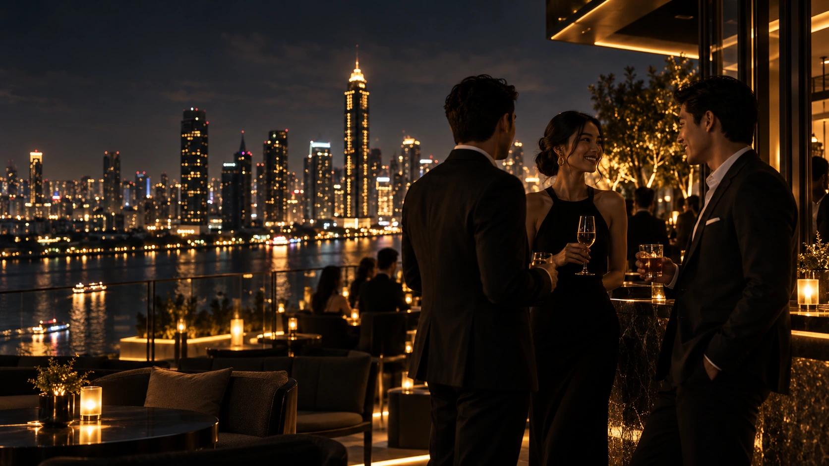 Business networking at a luxury rooftop venue
