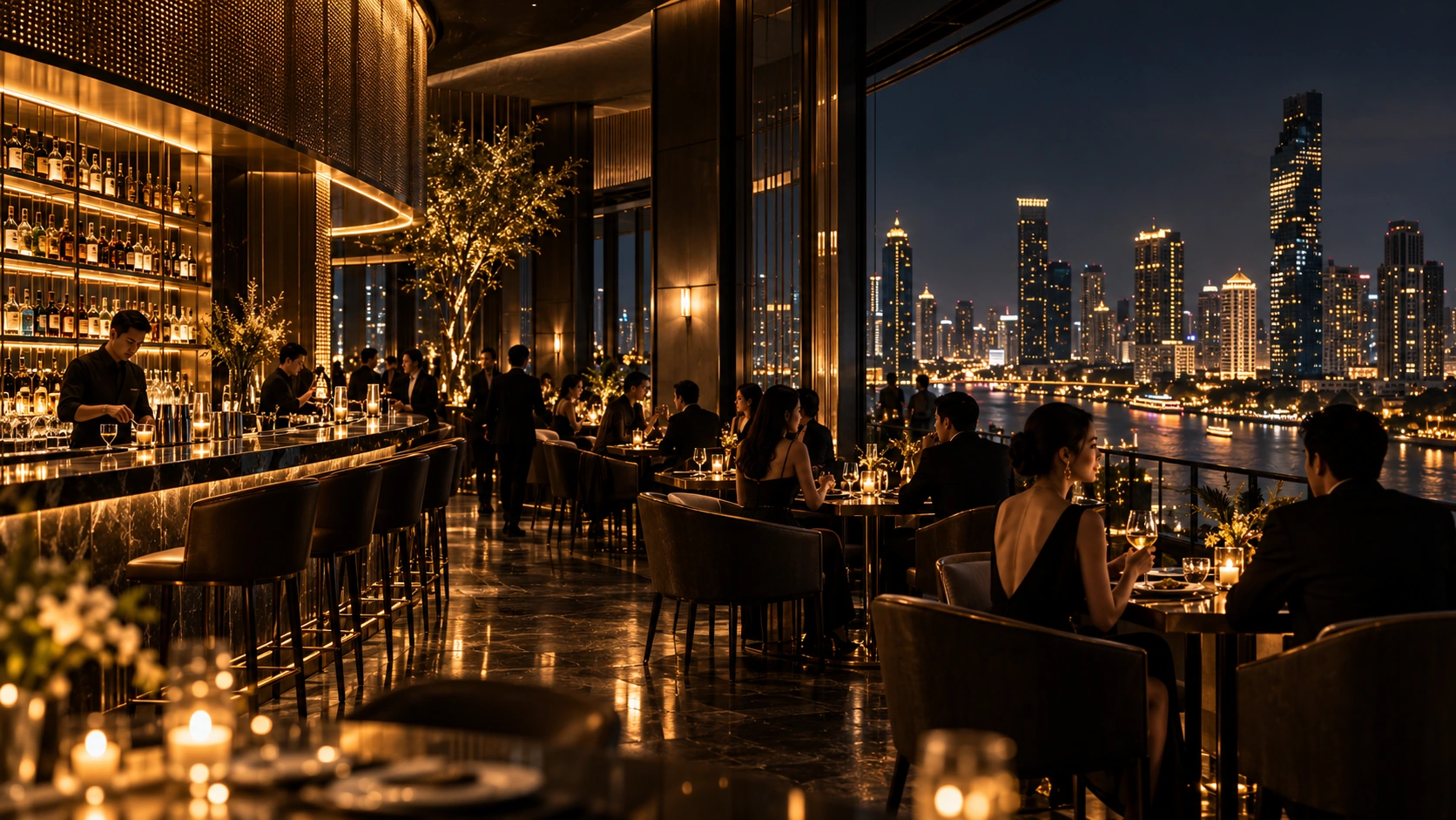 Luxury rooftop restaurant and bar at night