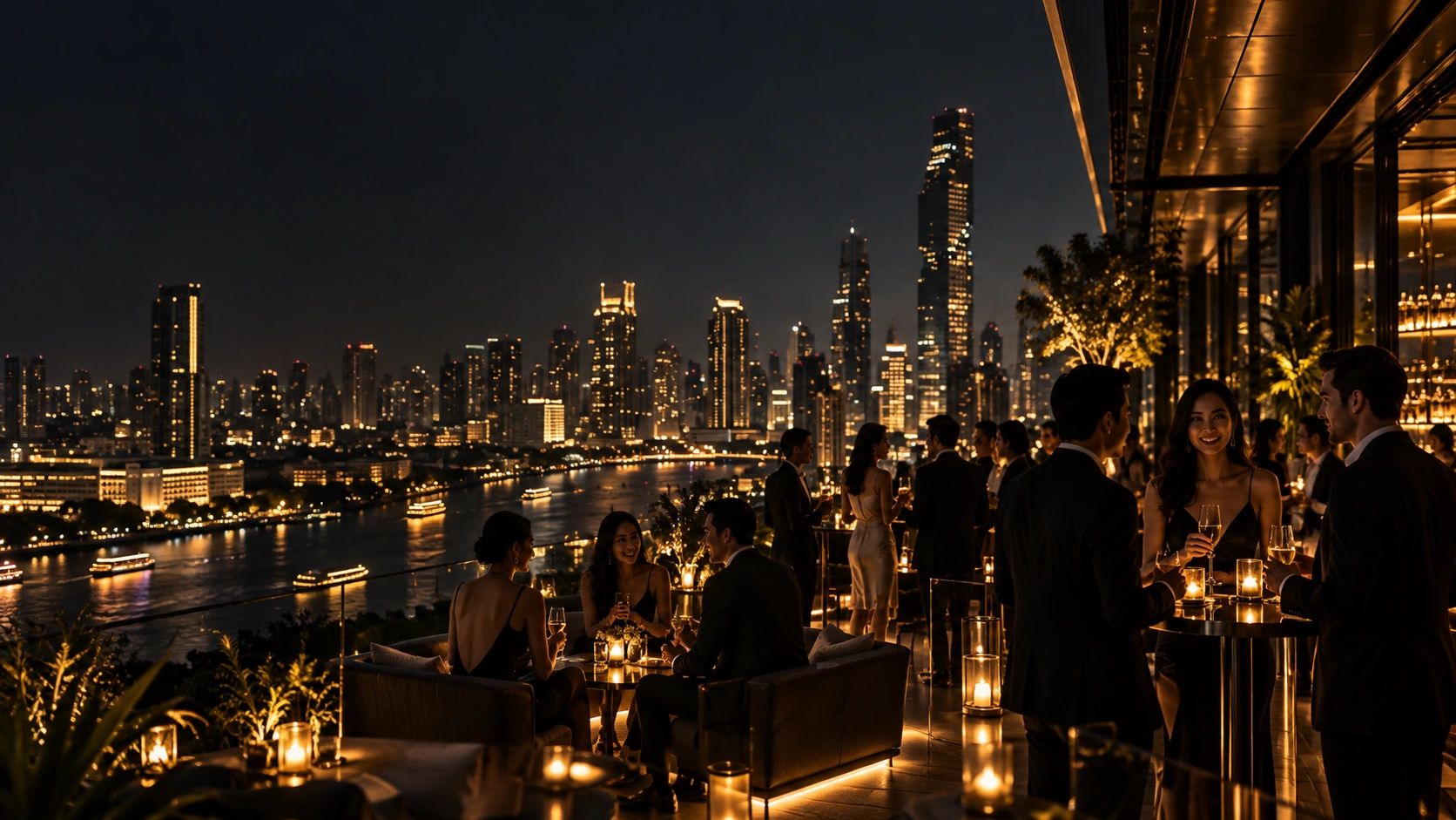 Luxury rooftop business and hospitality atmosphere at night